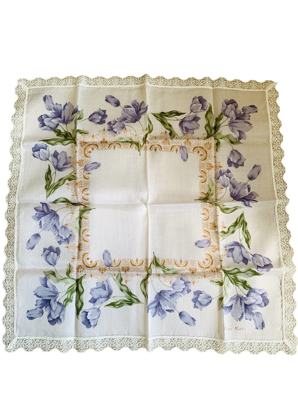 Nina Ricci Floral Lace Handkerchief White Purple 17.5” Cotton Blend Japan Unused